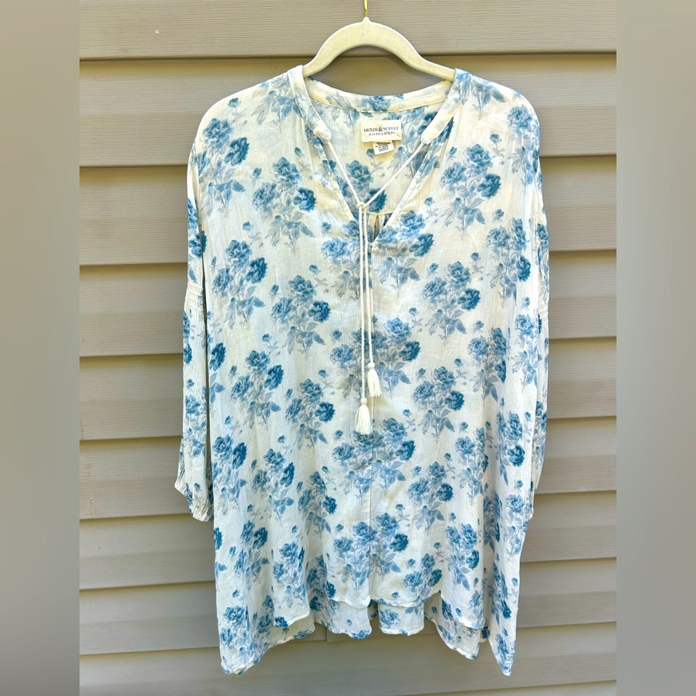Denim & Supply Ralph Lauren White Tunic with Blue Floral Print